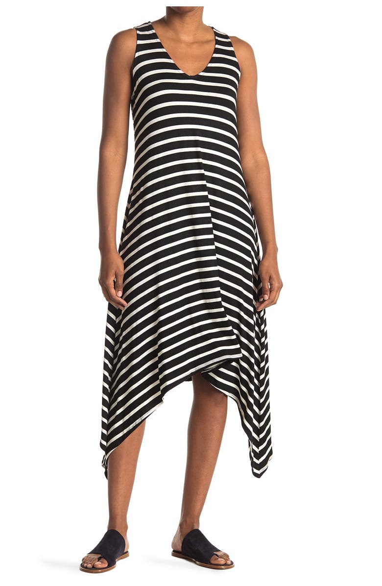 TASH AND SOPHIE Striped Sharkbite Midi Dress, Main, color, 