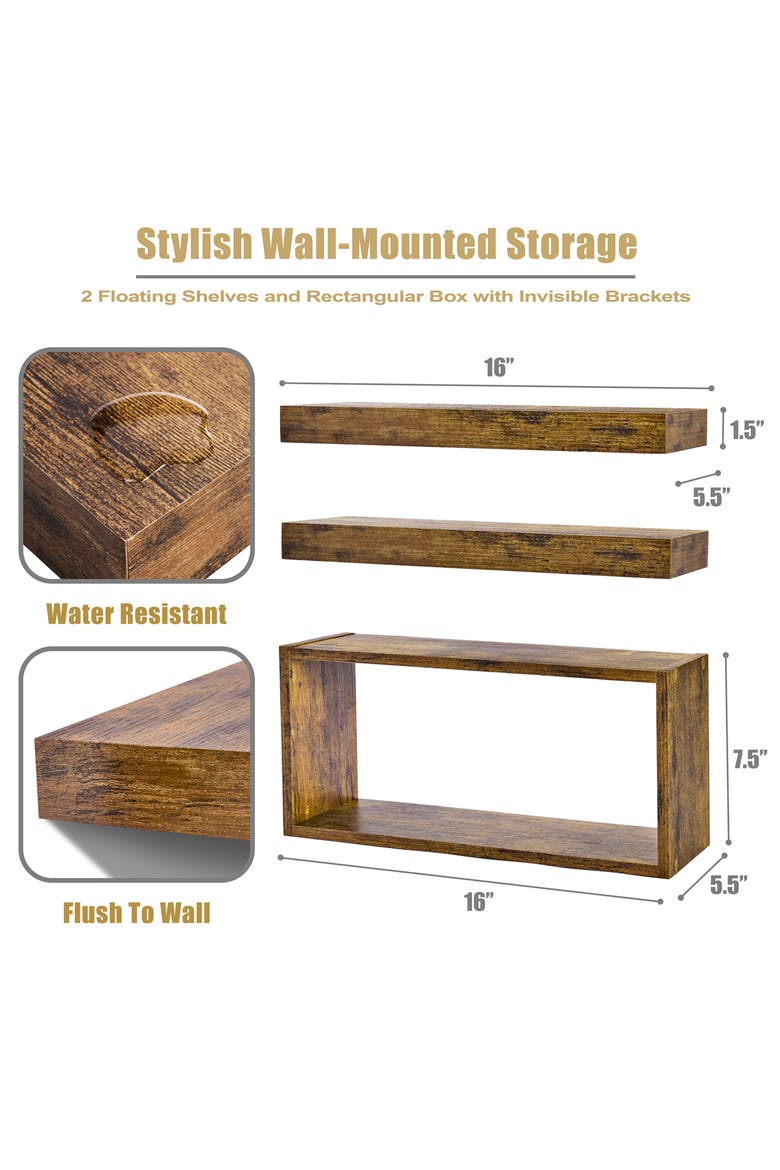 Set of 3 Floating Shelves, Alternate, color, BROWN