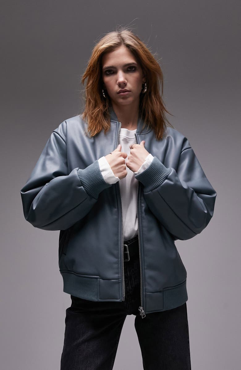 Topshop Boxy Faux Leather Bomber Jacket, Main, color,