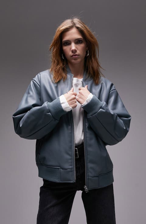 Boxy Faux Leather Bomber Jacket