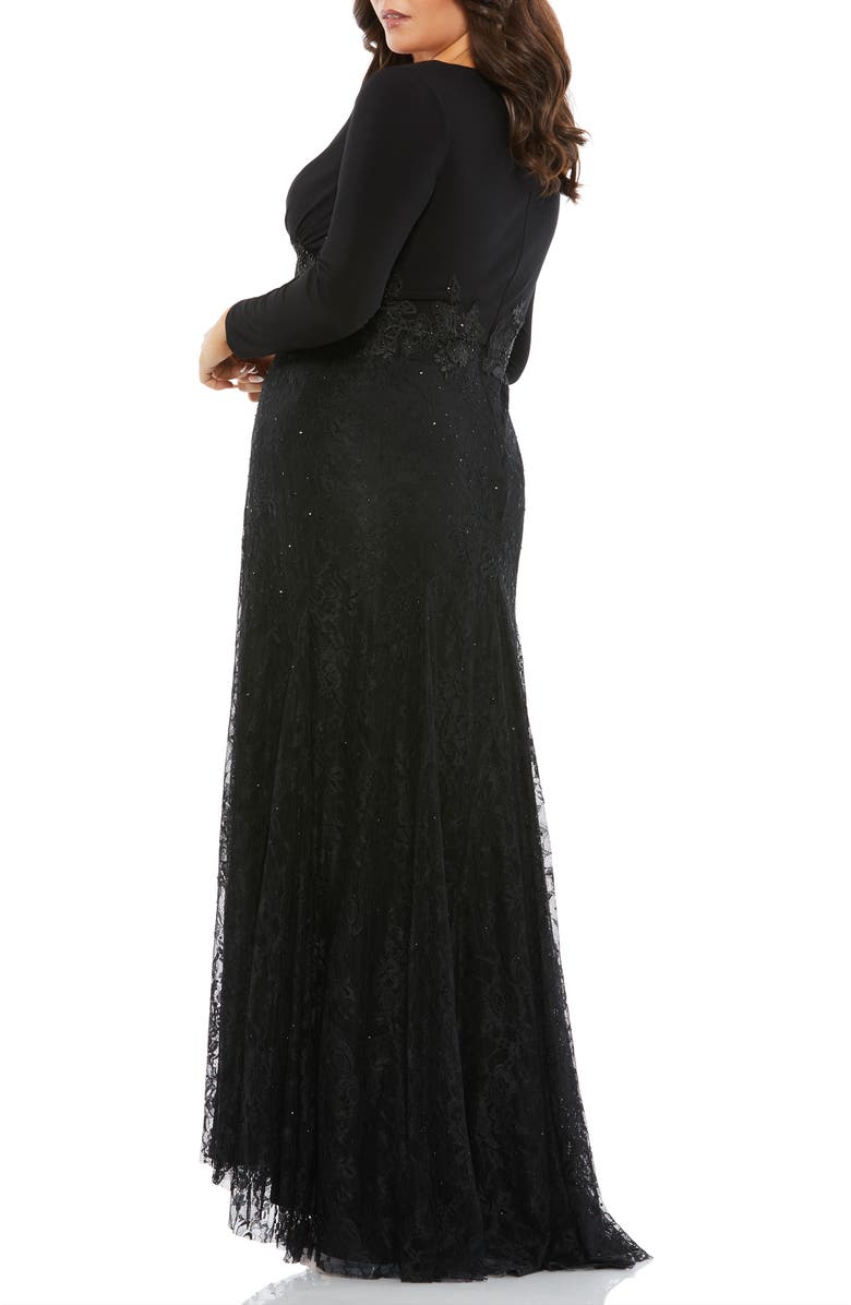 Mac Duggal Wrap-Over Long Sleeve Lace Applique Trumpet Gown, Alternate, color, Black