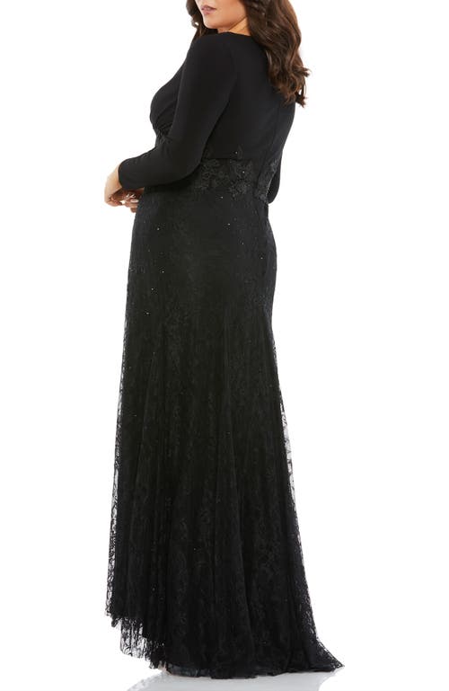 Mac Duggal Wrap-over Long Sleeve Lace Applique Trumpet Gown In Black
