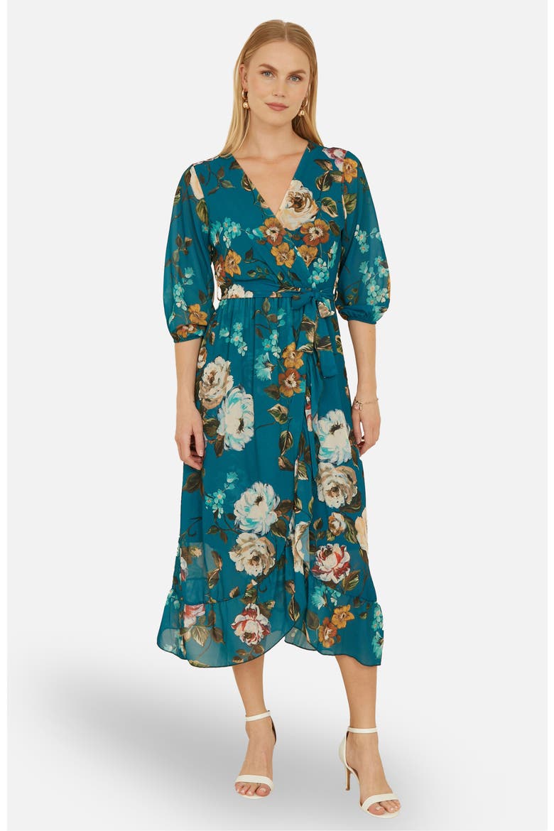 Watercolour Dip Hem Midi Wrap Dress, Main, color, Teal
