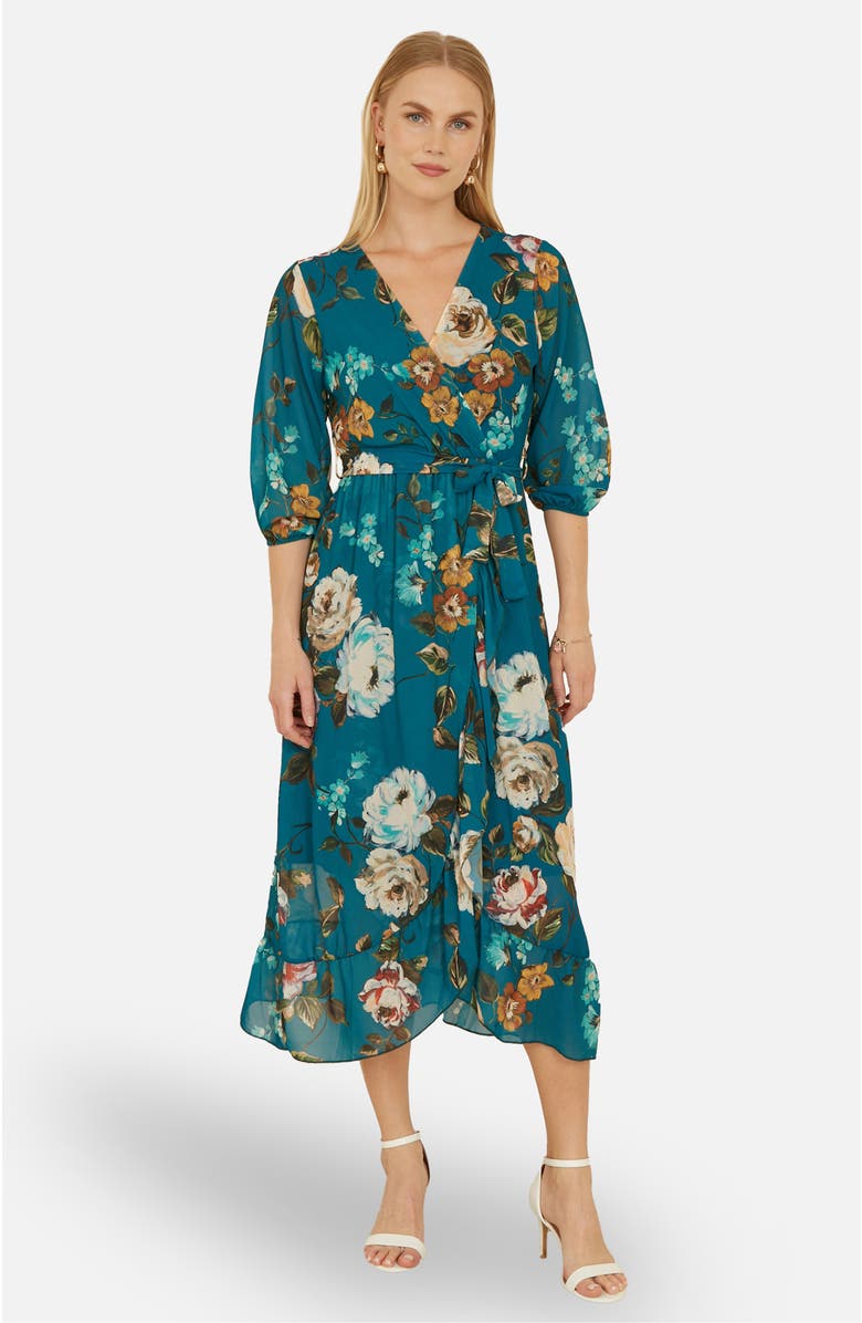 Yumi Watercolour Dip Hem Midi Wrap Dress, Main, color, Teal