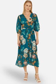 Yumi Watercolour Dip Hem Midi Wrap Dress