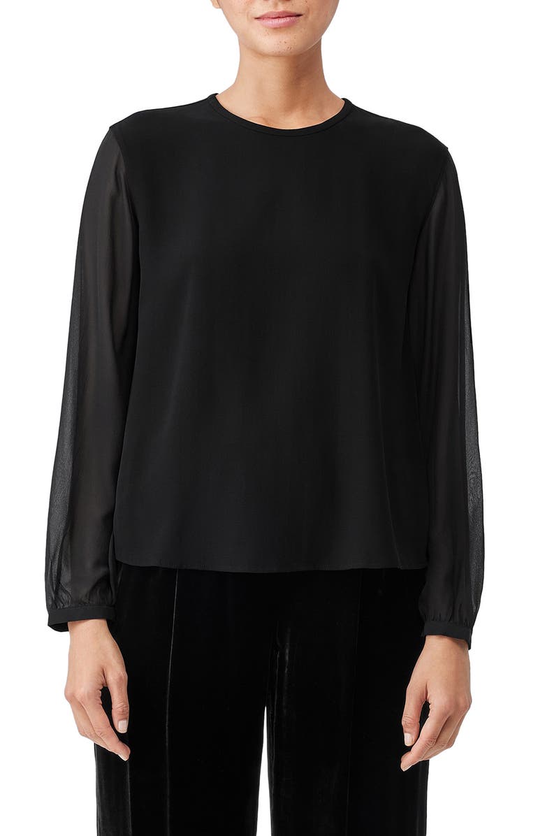 Eileen Fisher Sheer Sleeve Silk Georgette Blouse, Main, color,