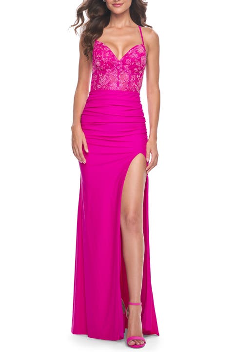 Neon Illusion Lace Bodice Prom Dress with Rhinestones