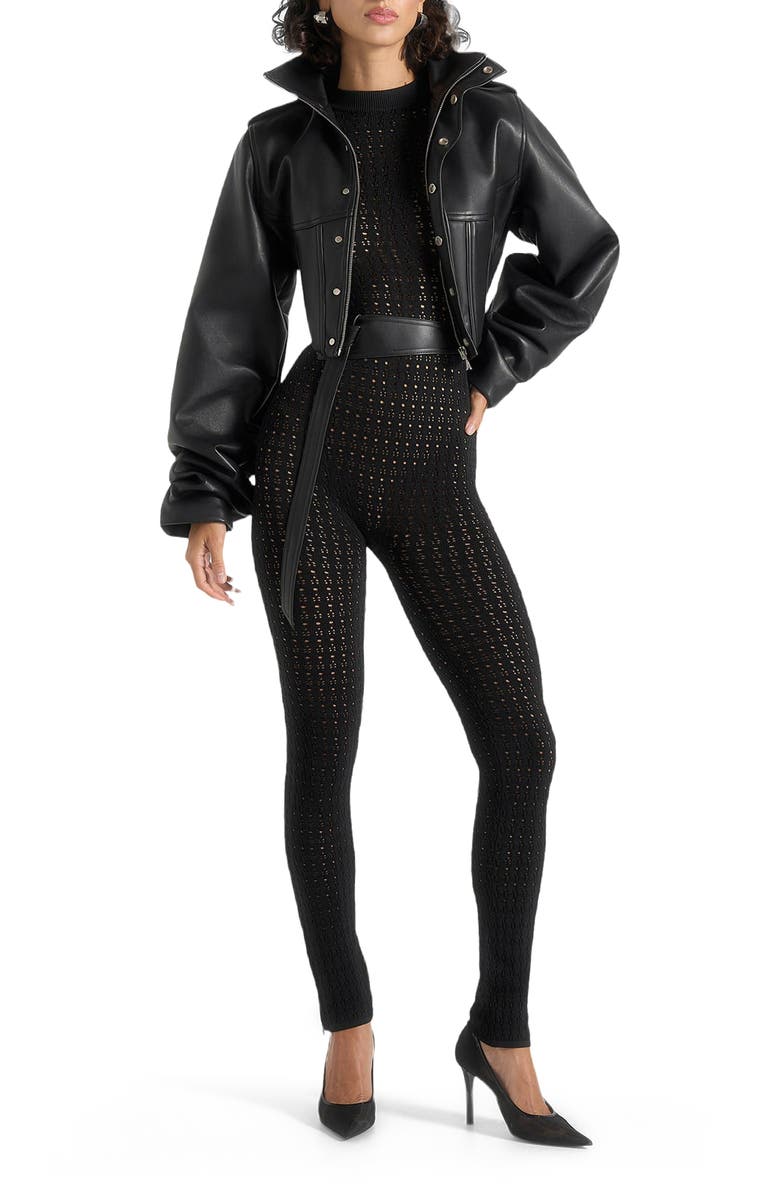 Manière De Voir Tiana Pointelle Knit Long Sleeve Jumpsuit with Belt, Alternate, color, Black