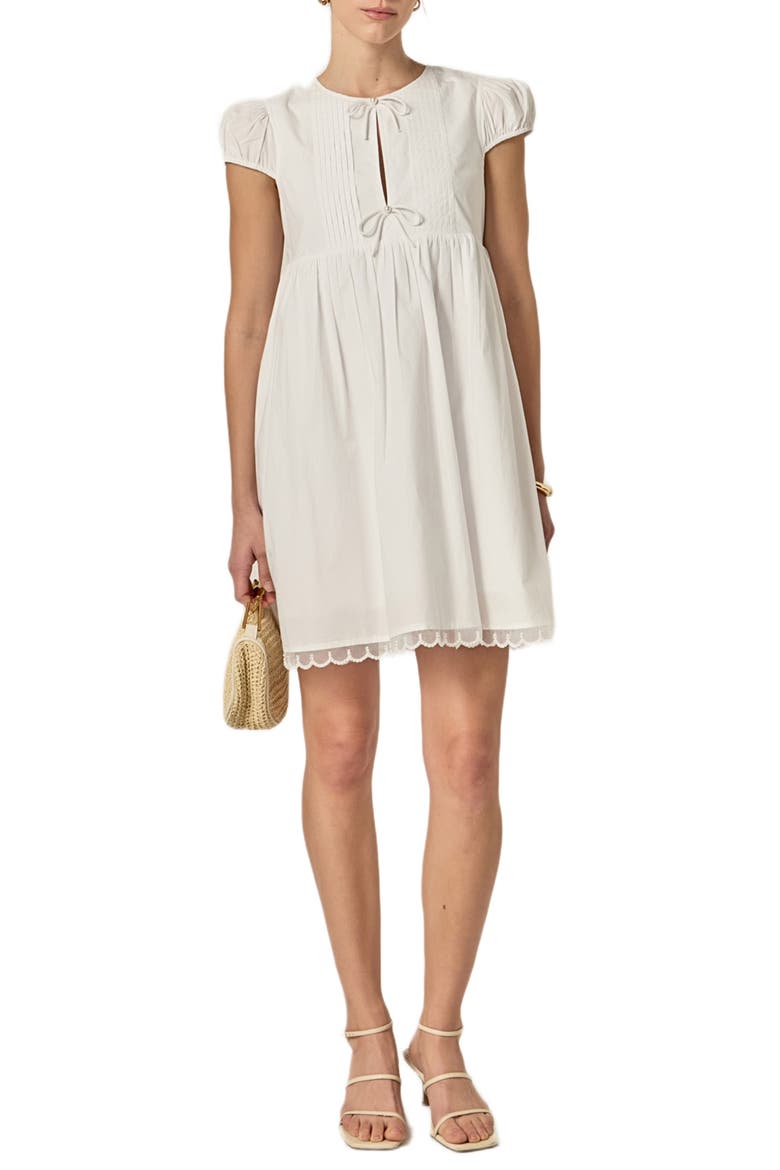 Faux Pearl Detail Scallop Hem Cotton Minidress, Main, color, WHITE