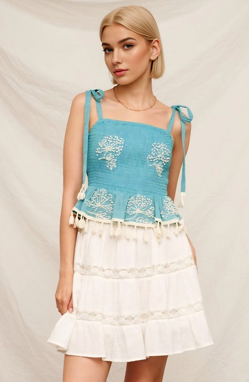 Knit and Lounge Boho Embroidered Smocked Peplum Tank Top in Blue  product