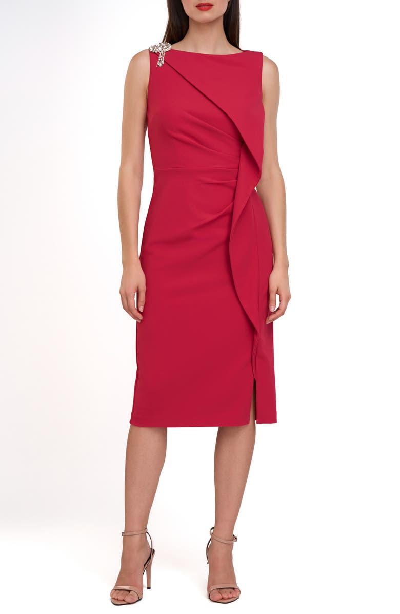 JS Collections Fern Crystal Detail Cascade Ruffle Crepe Cocktail Midi Dress, Main, color, 