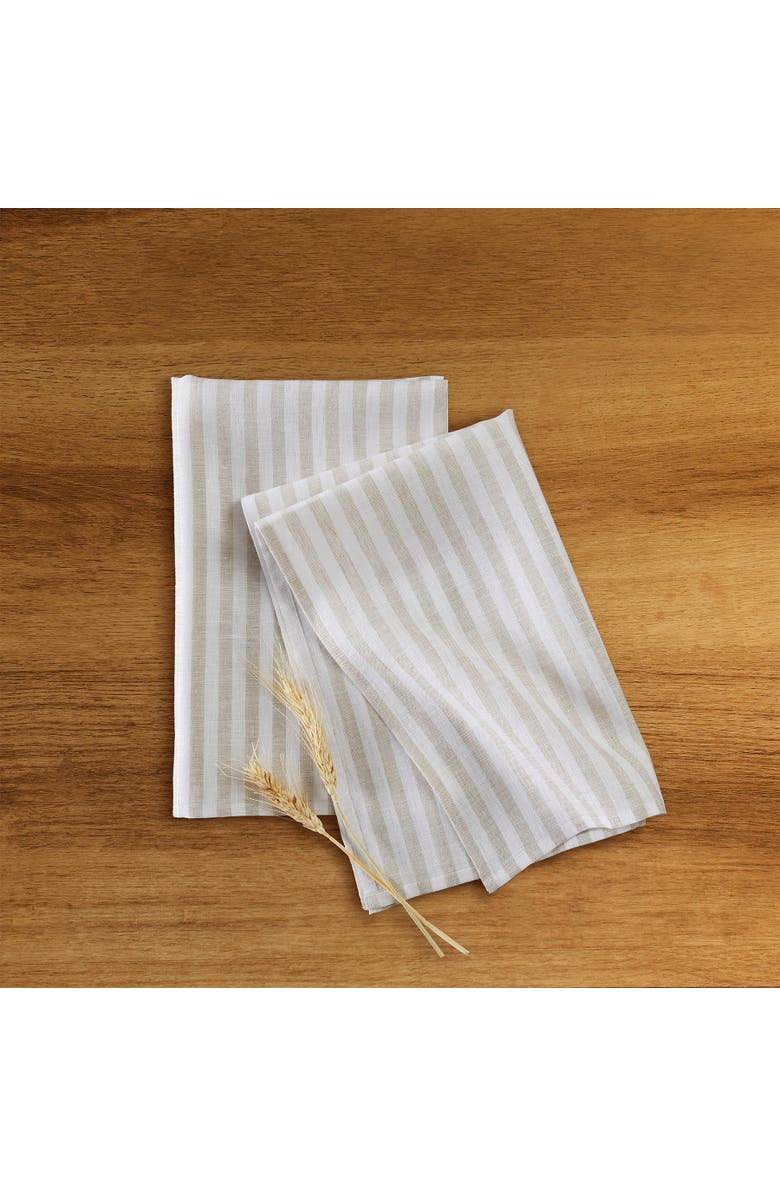 Solino Home Linen Kitchen Towels Set of 2, 17 x 26 Inch for Dining Table, Holiday and Everyday Table Decor - Amalfi Stripe, Alternate, color, Natural And White