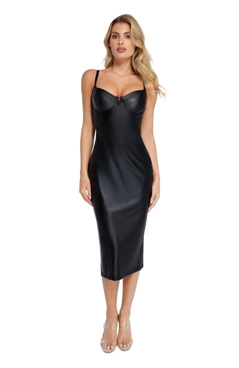 Shapewear Faux Leather Hourglass Corset Midi Dress