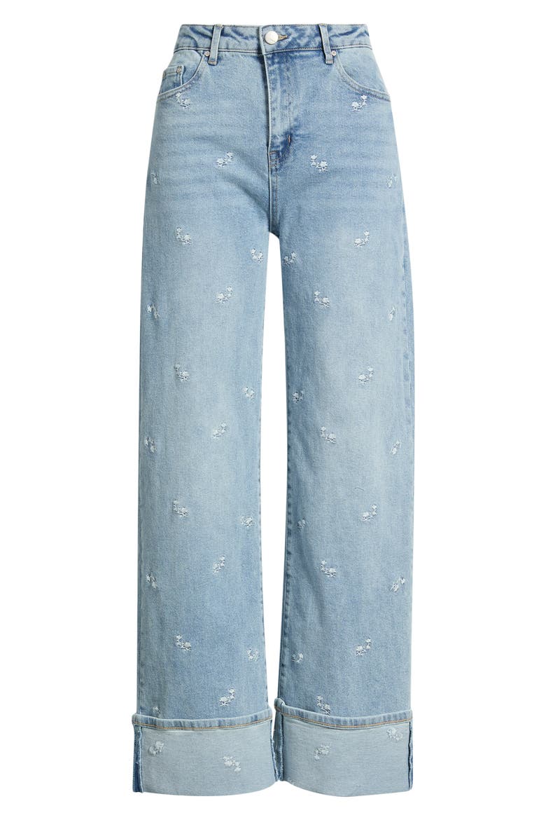 Flower Embroidered Cuffed Straight Leg Jeans, Alternate, color, LIGHT INDIGO