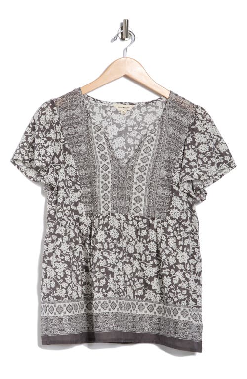 Lucky Brand Mix Floral Print Flutter Sleeve Cotton Top In Gray