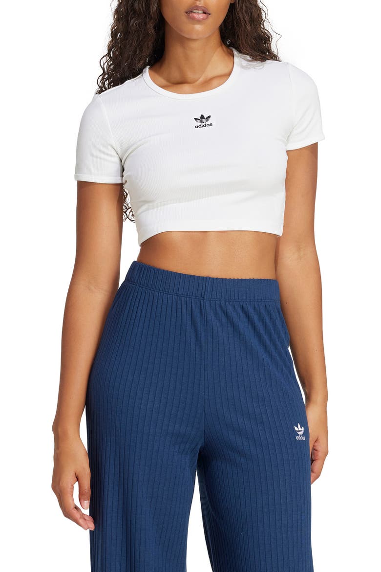Essentials Trefoil Logo Crop Rib T-Shirt, Main, color, WHITE