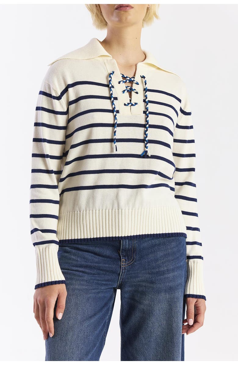 WISPR Stripe Lace Up Collared Knit Sweater, Alternate, color, Cream/Navy, Tangerine