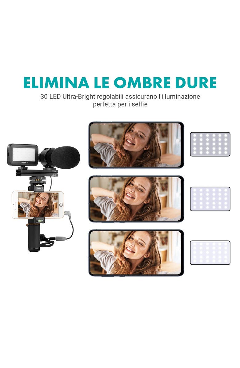 MOVO V7+ YouTube Starter Kit - Vlogging Kit for iPhone with Tripod, Grip, Stereo Microphone, LED Light and Remote, Alternate, color, Black