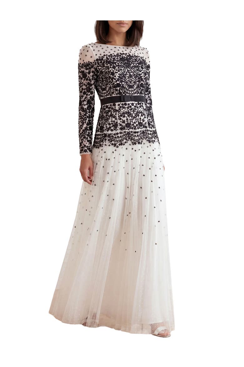 Gilded Lace Long Sleeve Maxi Gown, Main, color, Chalk/Graphite