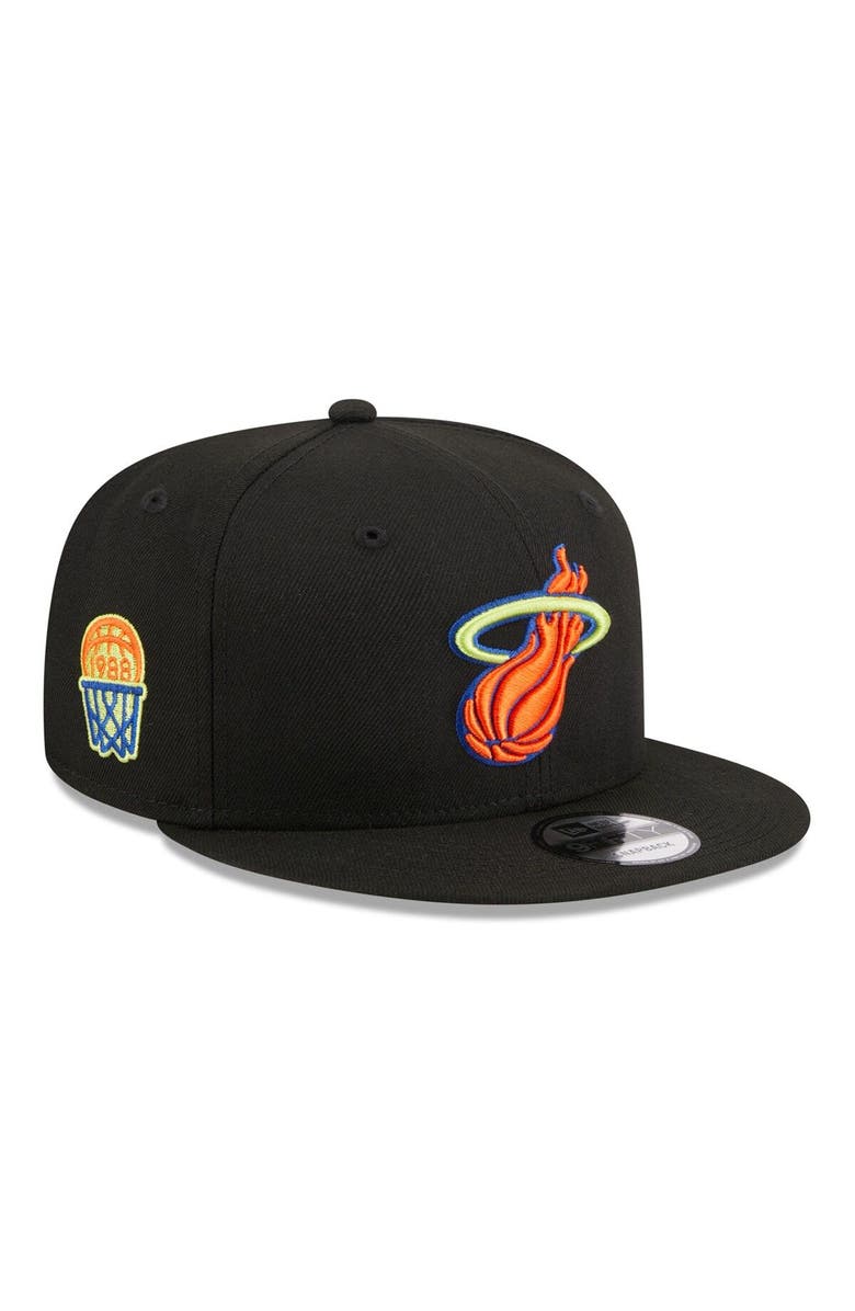 New Era Men's New Era Black Miami Heat Neon Pop 9FIFTY Snapback Hat, Main, color, 