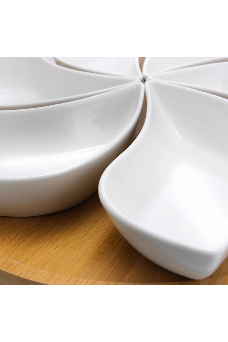 Modern 13.5 Inch 7pc Lazy Susan Appetizer and Condiment Server Set with 6 Unique Design Serving Dishes and a Wood Lazy Suzan Serving Tray, Alternate, color, White