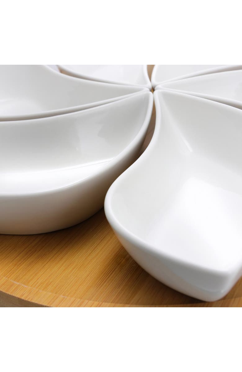 Elama Signature Modern 13.5 Inch 7pc Lazy Susan Appetizer and Condiment Server Set with 6 Unique Design Serving Dishes and a Wood Lazy Suzan Serving Tray, Alternate, color, White