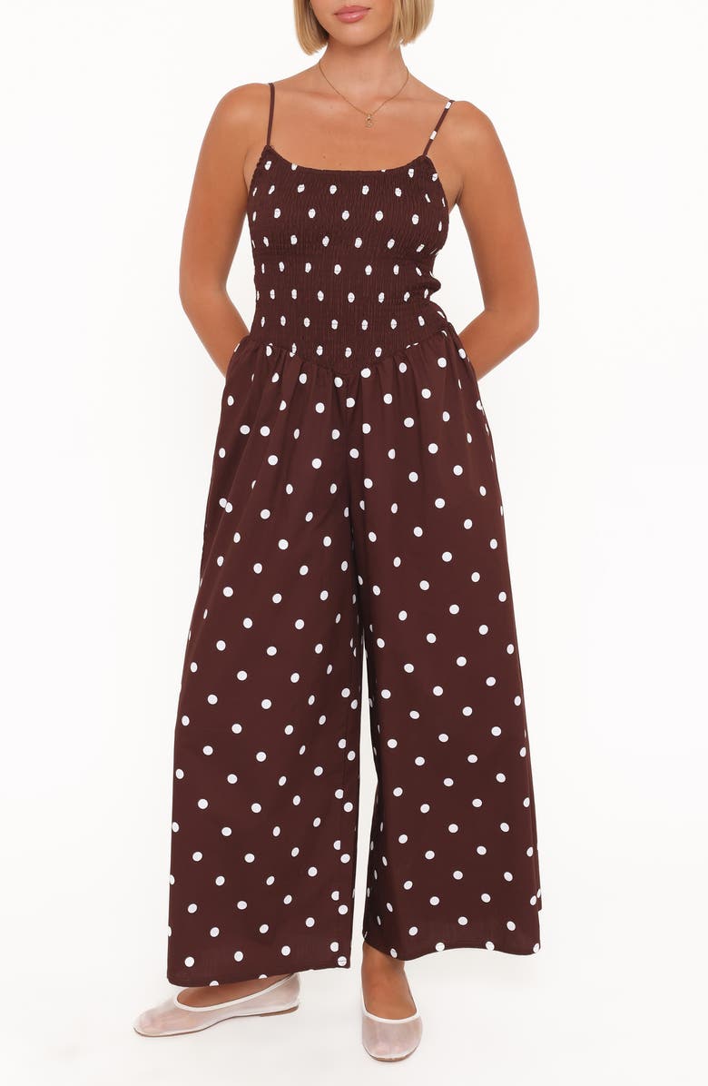 Petal & Pup Paloma Polka Dot Smocked Jumpsuit, Main, color, Chocolate Polka Dot