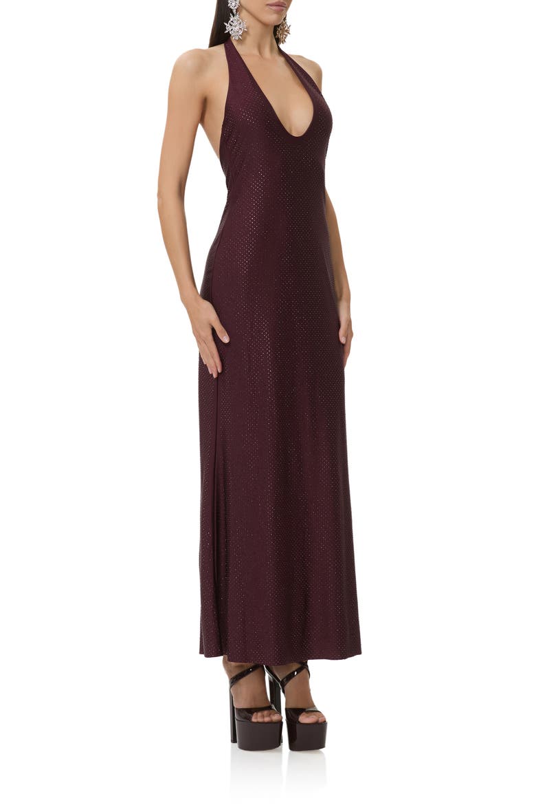 Rhinestone Halter Open Back Cocktail Dress, Alternate, color, VINEYARD