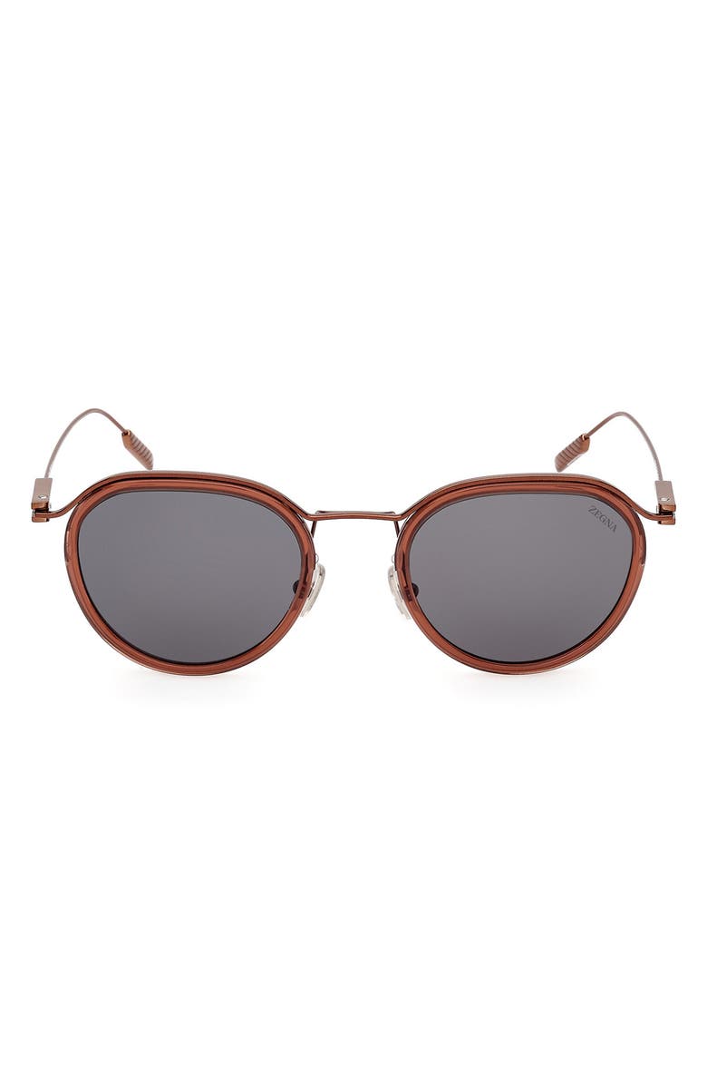 ZEGNA 51mm Round Sunglasses, Main, color, Shiny Light Brown / Smoke