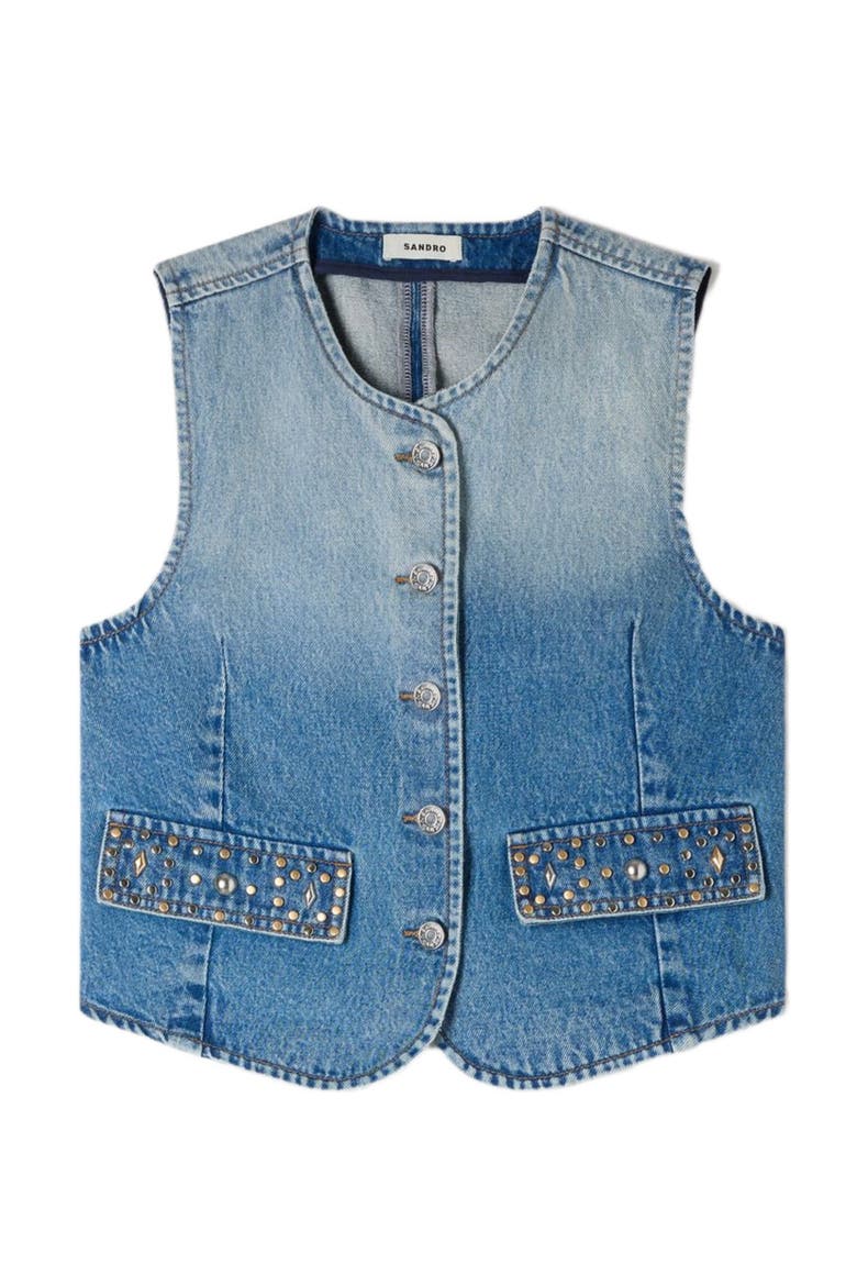 Cropped studded denim vest, Alternate, color, Blue jean