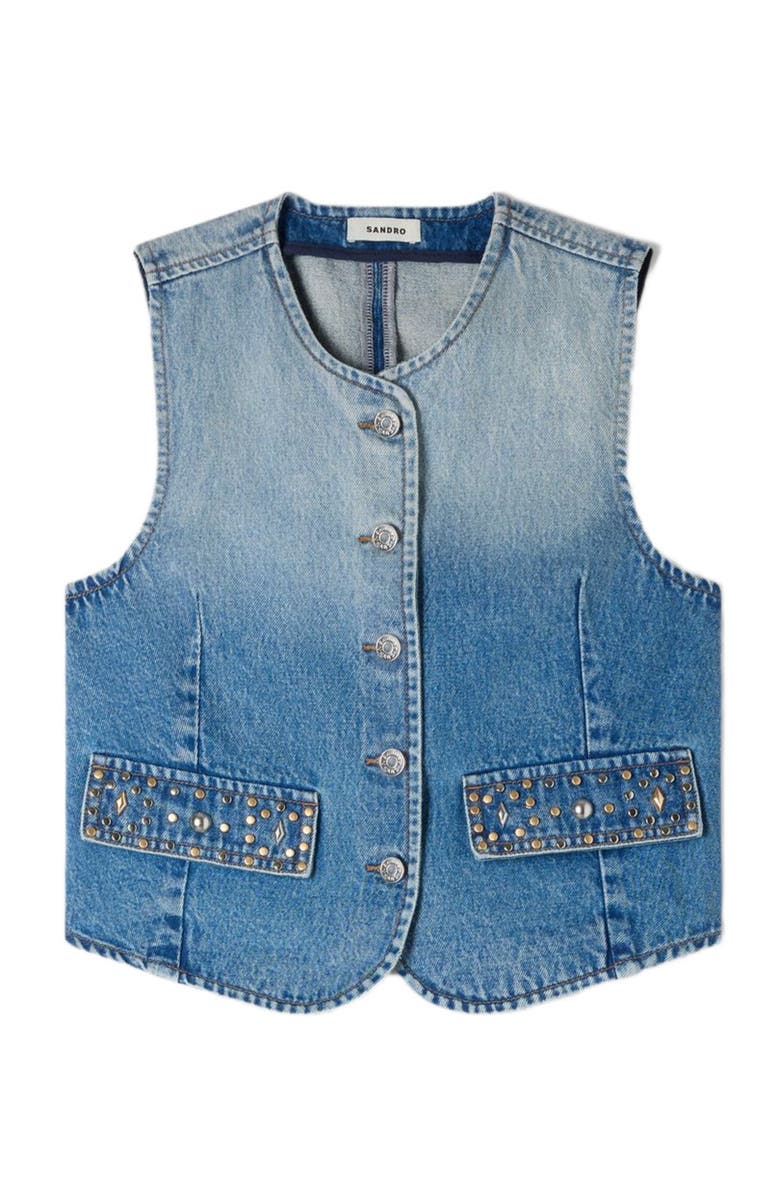SANDRO Cropped studded denim vest, Alternate, color, Blue Jean