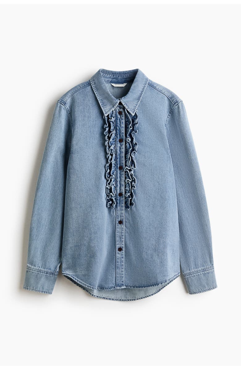 H&M Ruffle-trimmed denim shirt, Alternate, color, Denim Blue