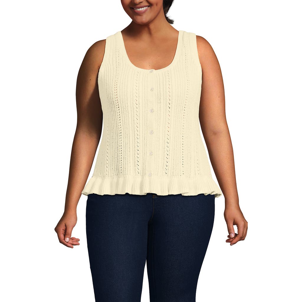 Lands' End Cotton Boucle Ruffle Hem Sleeveless Sweater In White