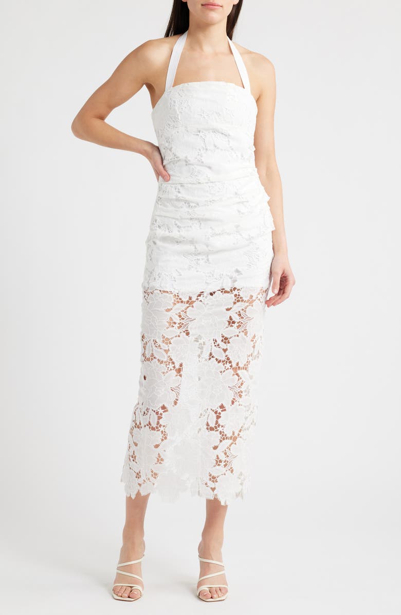 Delfi Collective Galina Eyelet Lace Halter Cocktail Dress, Main, color, White