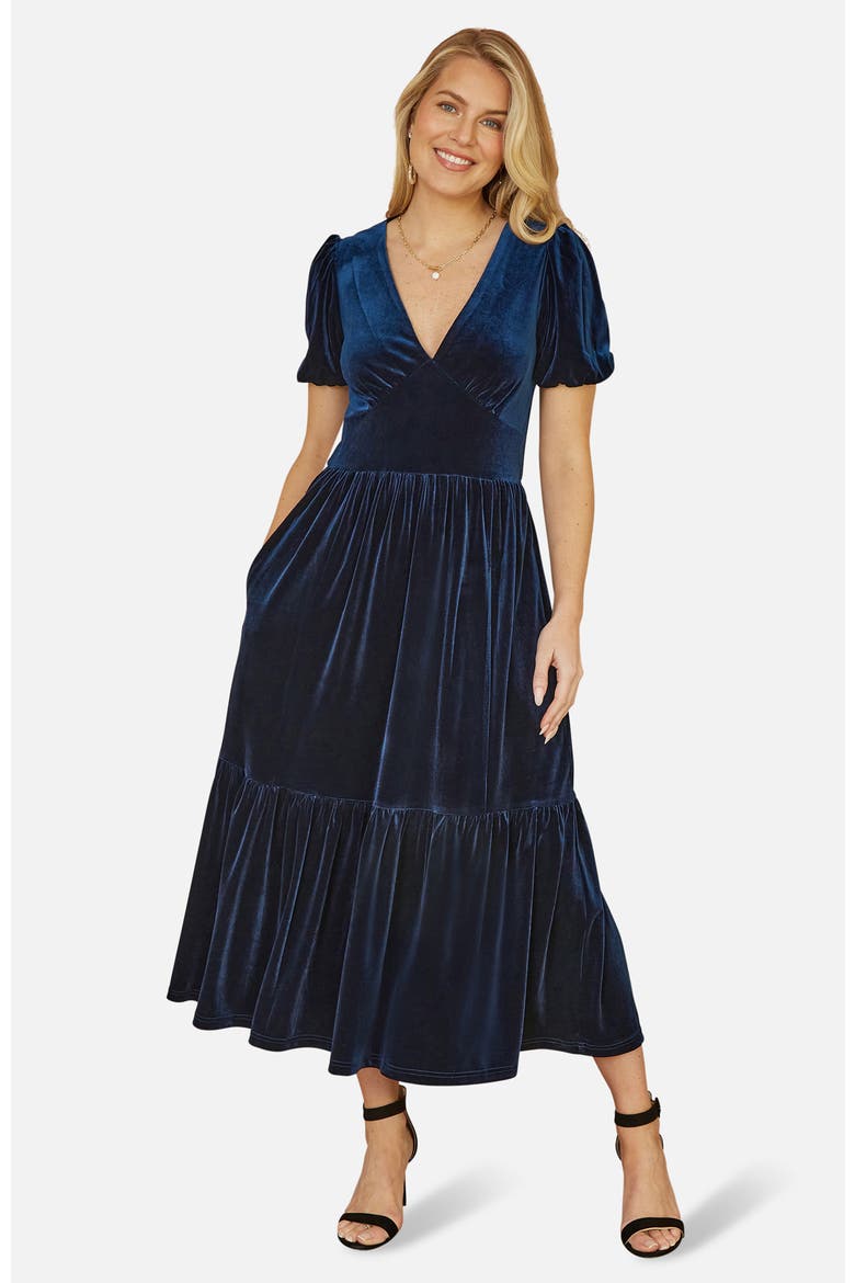 Velvet V-Neck Midi Dress, Main, color, Navy