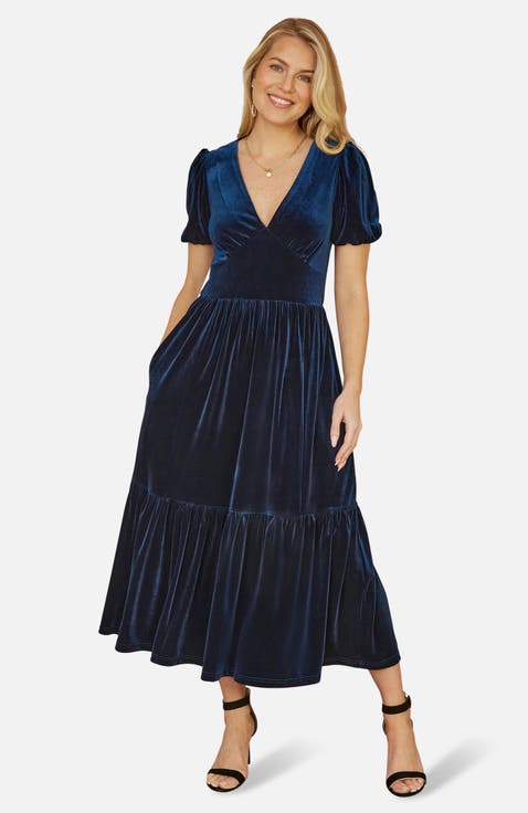 Velvet V-Neck Midi Dress