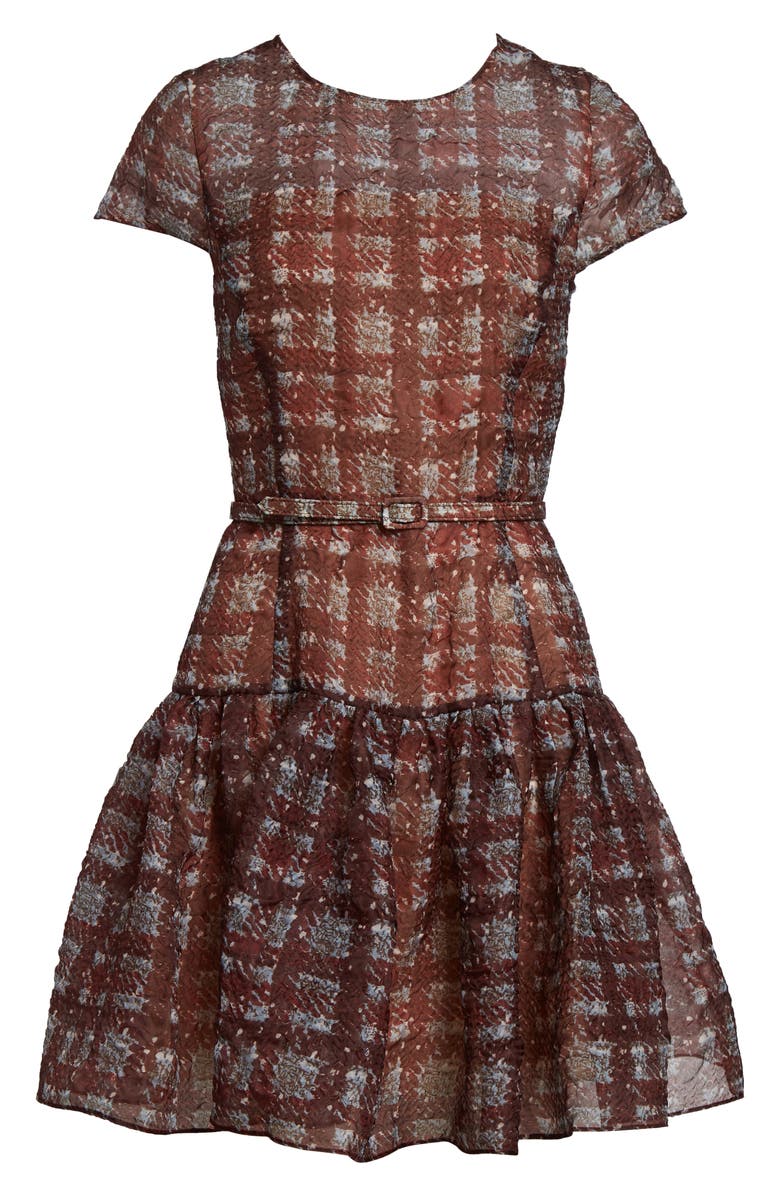 Oscar de la Renta Textured Plaid Drop Waist Dress, Alternate, color, Burgundy/ Blue