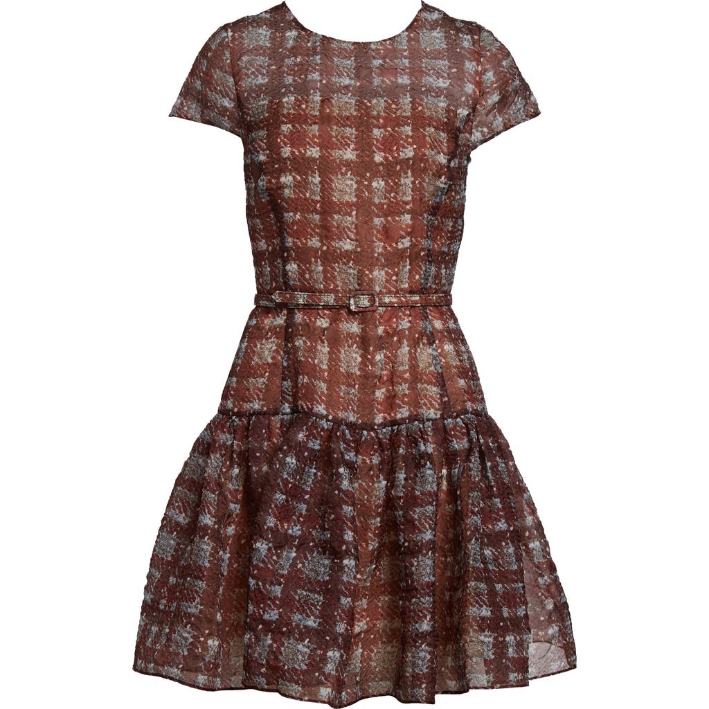 Oscar De La Renta Short-sleeve Drop-waist Plaid Dress In Brown