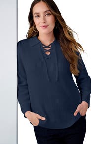 Jessica London Pullover Collared Lace Up Shaker Sweater