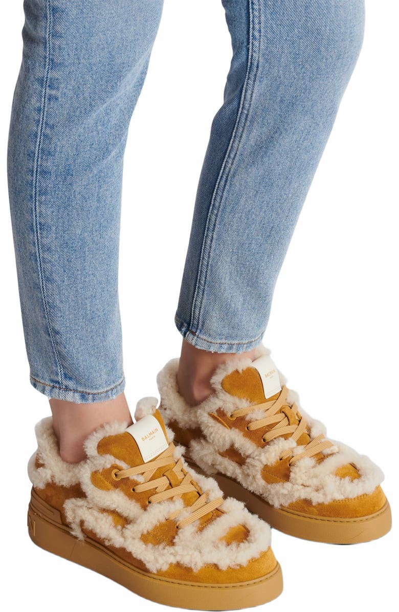 Balmain B-Court Flip Shearling Trainers, Alternate, color, Brown