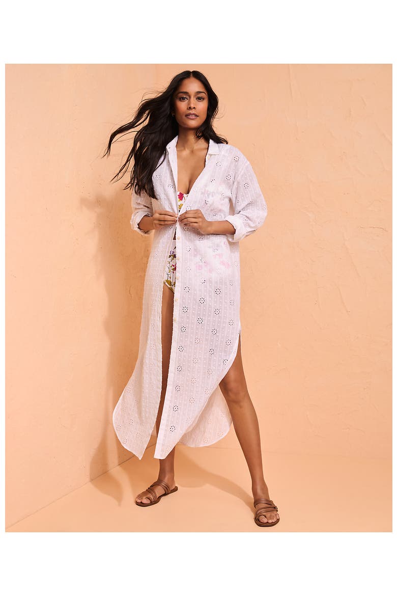 Eyelet Button Down Maxi Cover-up Dress, Alternate, color, White
