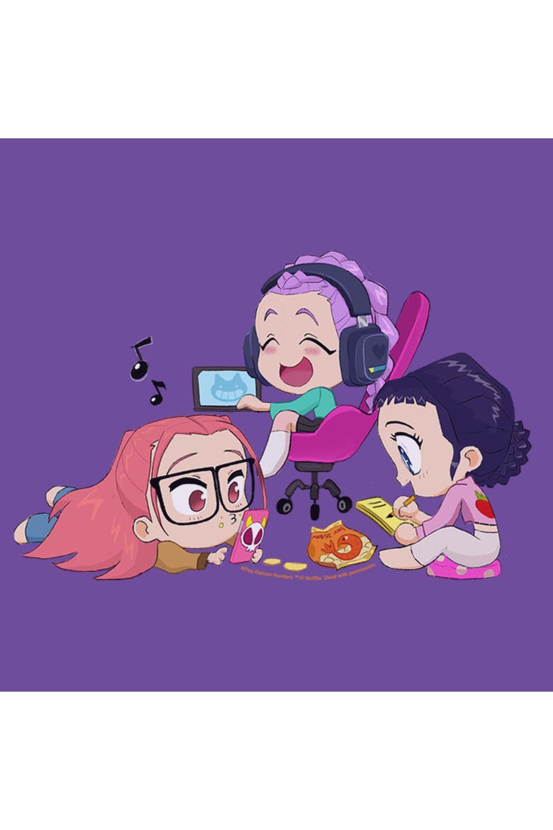Junior's KPop Demon Hunters Chibi Girls Playing  Graphic T-Shirt, Alternate, color, Purple