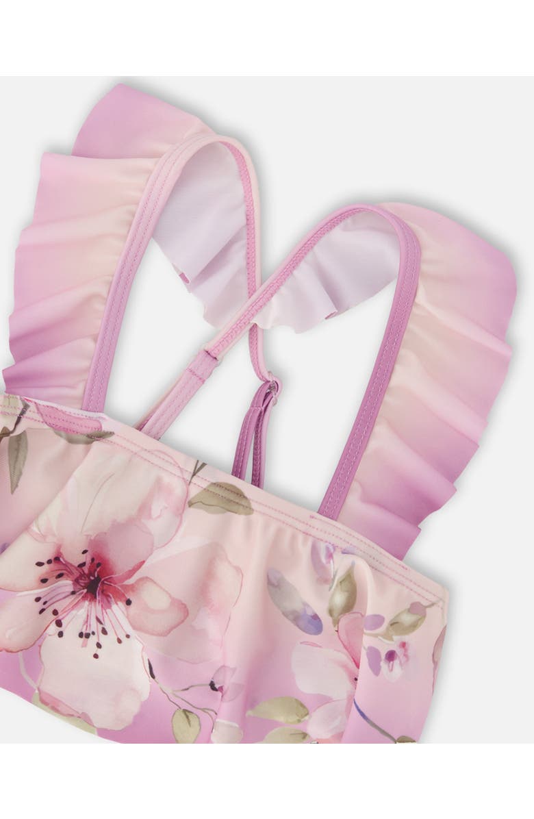 Deux par Deux Two-Piece Ruffle Flared Flower Swimsuit, Alternate, color, Purple Flower Print