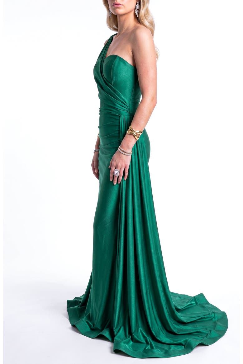 One-Shoulder Draped Satin Mermaid Gown With Side Cascade, Alternate, color, Forest Green