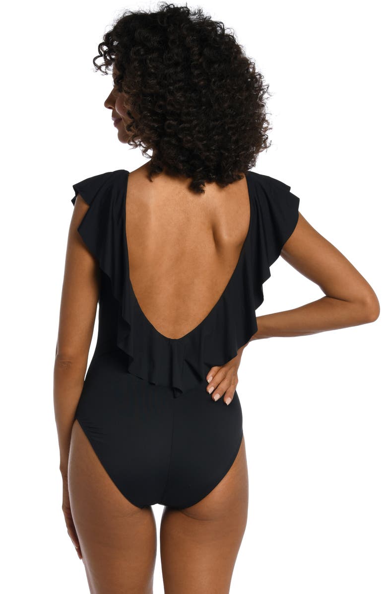 La Blanca Ruffle Plunge One-Piece Swimsuit, Alternate, color, Black