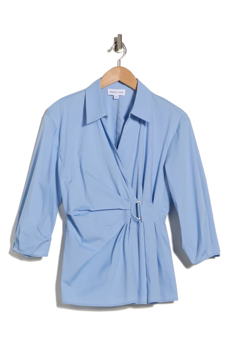 Draped D-Ring Faux Wrap Top, Alternate, color, LIGHT BLUE
