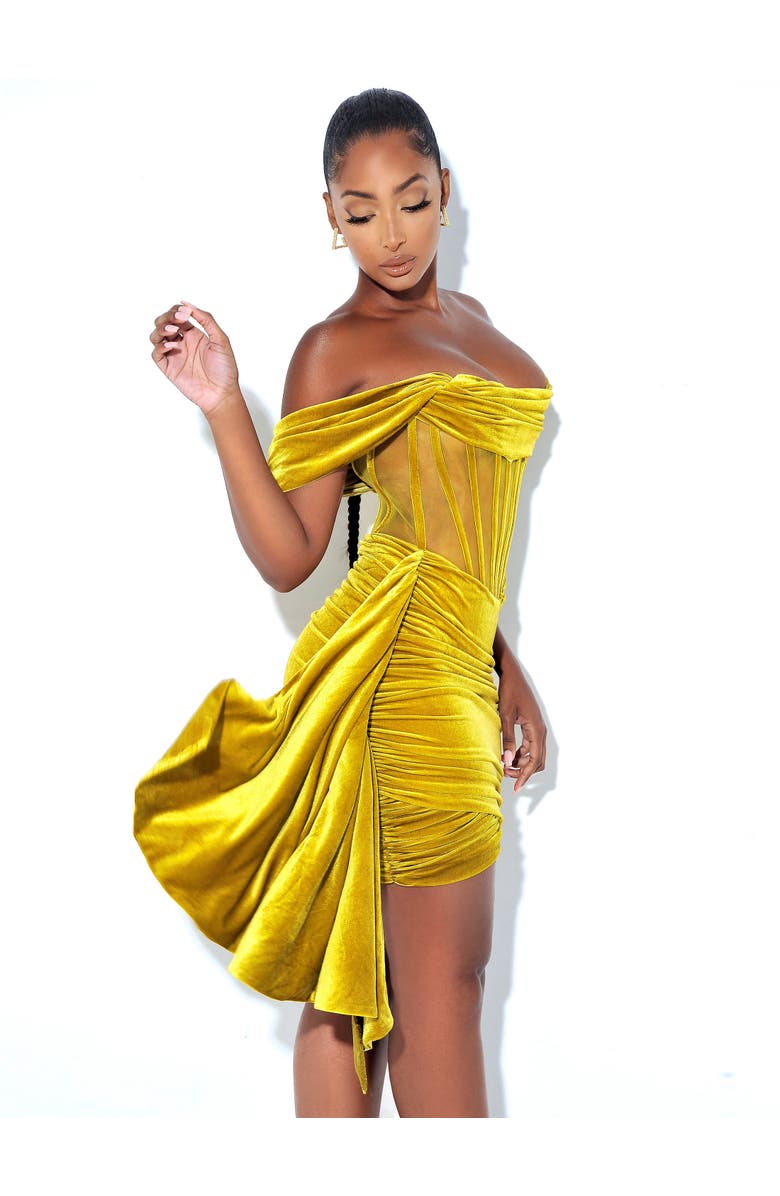 Miss Circle Irisaa Draping Off Shoulder Corset Mini Dress, Alternate, color, Gold