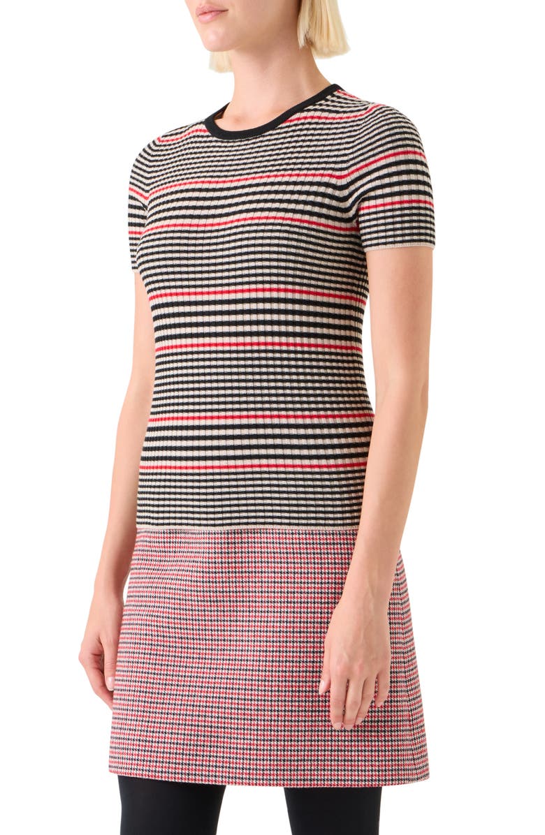Akris punto Stripe Short Sleeve Virgin Wool Rib Sweater, Alternate, color, Black-Cream-Vermillion