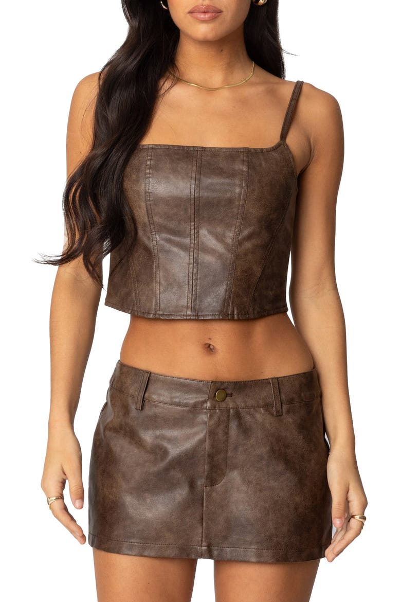 Faux Leather Crop Top, Main, color, BROWN-WASHED