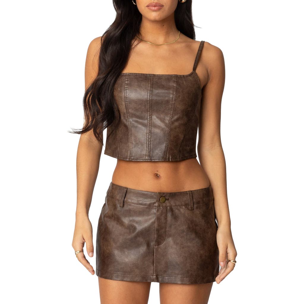Edikted Faux Leather Crop Top In Brown-washed